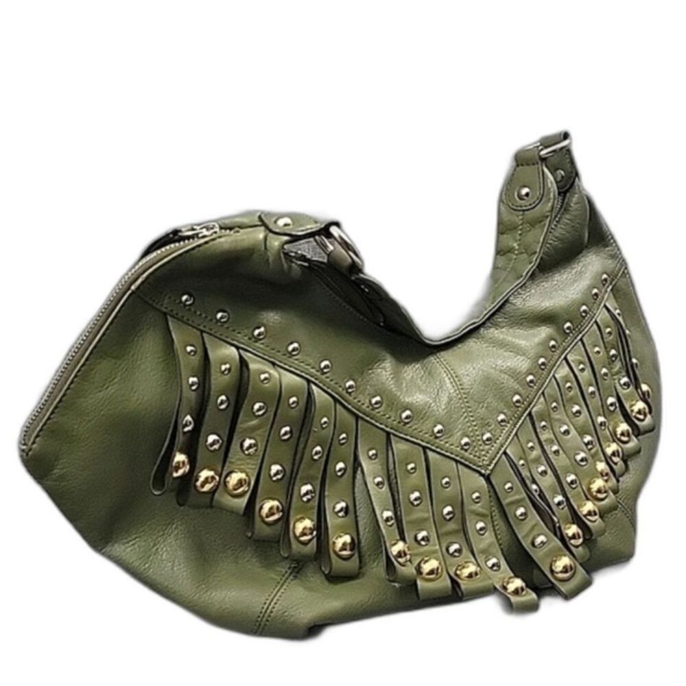 B Makowsky Olive Green Leather Fringe Studded Hobo Shoulder Bag Y2K Moto Boho